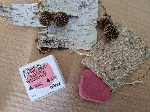 Zestaw - woreczek jutowy i szampon w kostce wiśnia, zero waste Zestaw - woreczek jutowy i szampon w kostce wiśnia, zero waste